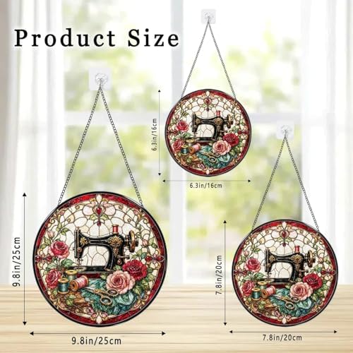Stained Glass Window Hanging Vintage Sewing Machine with Roses Sun Catchers Floral Art Suncatchers for Home Porch Garden Indoor & Outdoor Decor (9.8x9.8 in) - Image 3