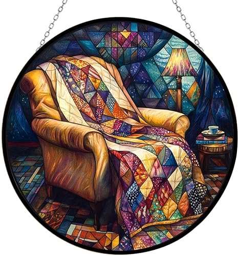 9.84 Inch Boho Memorial Day Patriotic Quilt Stained Glass Suncatcher Stained Glass Window Hangings Birthday Gift for Mom Grandma Teacher Women Friend Memorial Hook by Unknown