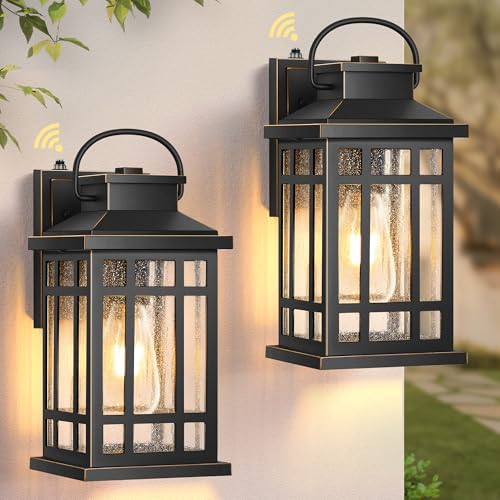 Dusk to Dawn Outdoor Lighting, Black 2 Pack Outside Lights for House with Gold Trim, Modern Exterior Light Fixtures, Outdoor Wall Lanterns for Porch, Garage, Doorway, Anti-Rust, Waterproof by OPAXIS