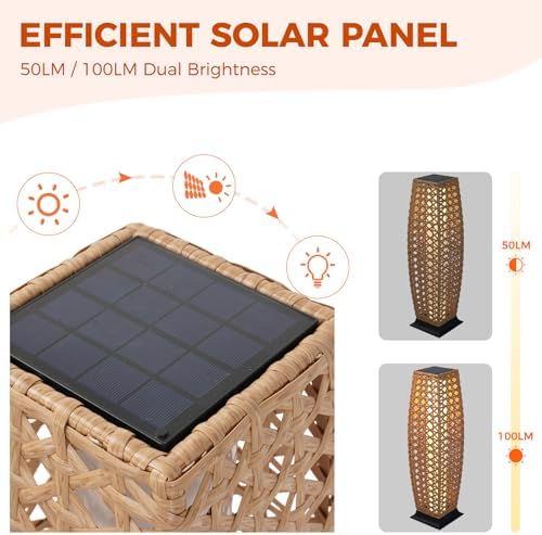 Grand patio 2-Piece Outdoor Floor Lamp Solar Lantern, Water-Resistant Wicker Boho Patio Light with 50/100 Lumens Dual Brightness & Memory Mode for Garden Porch Deck Decor, Large Diamond Natural - Image 4
