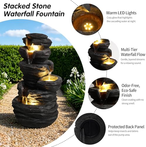 25.6" Waterfall Fountain with LED Lights, Rock Tiered Outdoor Resin Water Feature for Zen Garden, Patio & Porch Decor, Floor-Standing Fountain with Pump - Image 3