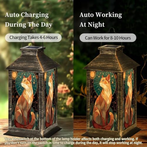 Solar Lantern Stained Glass Cat Mandala Wall Outdoor Waterproof Garden Hanging Lantern Solar Powered Lighting Outside Solar Light for Patio Yard Camping, Gifts for Women Mom - Image 4
