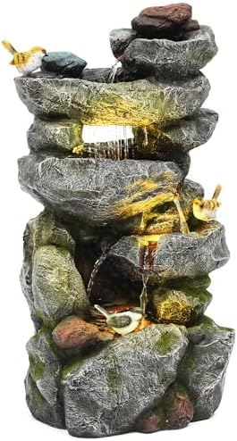 31.5" Multi-Tier Rock Outdoor Water Fountain with LED Lights, Cascading Waterfall with Birds for Garden Patio Porch, Weather-Resistant Resin Water Feature for Tranquil Oasis by Ultym