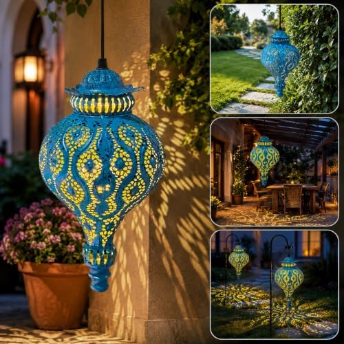 Moroccan Solar Lanterns Outdoor Hanging Garden Decor (2 Pack, Blue) - Image 2