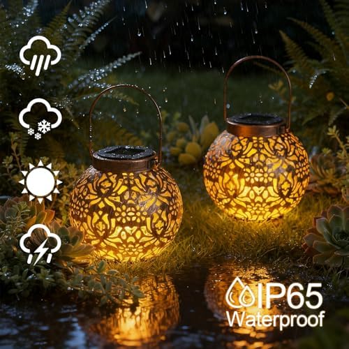 Homemory 2 Pack Solar Hanging Lanterns Lights Outdoor, Waterproof Copper - Image 2