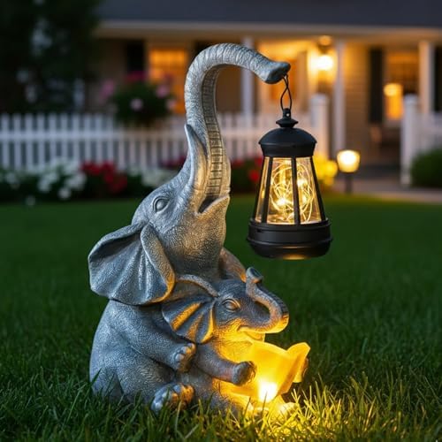 Candieslife Solar Elephant Garden Statue with Lantern, Outdoor Resin Elephant Figurine Lights for Yard Patio Porch Lawn, Weather-Resistant Garden Decor Sculpture, Gifts for Mom Women Grandma by Candieslife