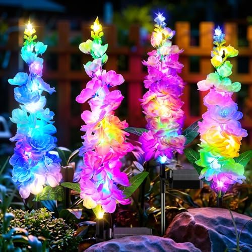 KOOPER Solar Lights Outdoor Garden Decor, 4 Pack Upgraded Delphinium Solar Garden Lights with 36 Colorful LEDs, Vivid Flowers Outdoor Waterproof for Landscape Patio Yard Decor by KOOPER