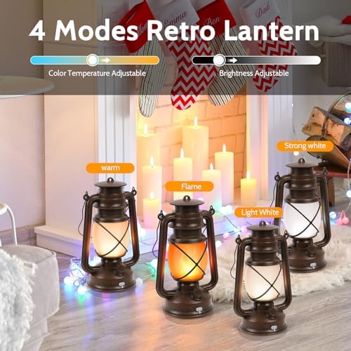2 Pack Vintage Lantern Flickering Flame Rechargeable LED Retro Camping Lights 4 Modes Remote Control Battery Powered Outdoor Lamp Hanging Lanterns - Image 2
