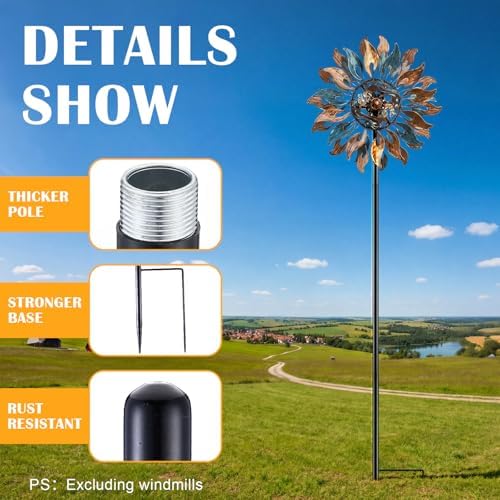 LEIFIDE Black 72" h Replacement Pole for Large Wind Spinner, Windmill Replacement Parts, Three-Part Composition, 22mm Thicker Tube, Easy Assembly for Large Metal Wind Spinner (2 Prongs Base) - Image 3