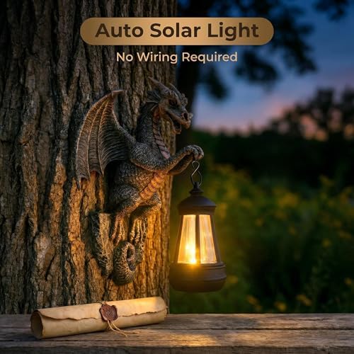 Outdoor Solar Dragon Statue Tree Hugger with Solar Lantern Garden Decor, 9-inch Dragon Garden Statues Outdoor Patio Lawn, Fence Decoration, Gargoyle Statues Outdoor with LED Light, Gifts for Mom - Image 5