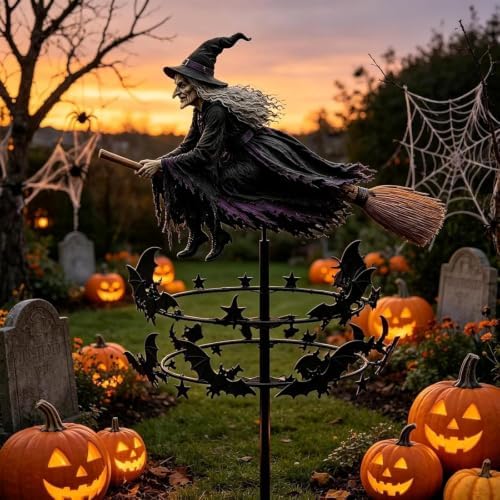 The Enchanted Witch Garden Wind Spinner, Metal Halloween Yard Art, Outdoor Garden Stake Decoration, Halloween Decorations Outdoor with Flying Witch Kinetic Bat Ring, for Garden Patio Pathway (1PCS) - Image 6