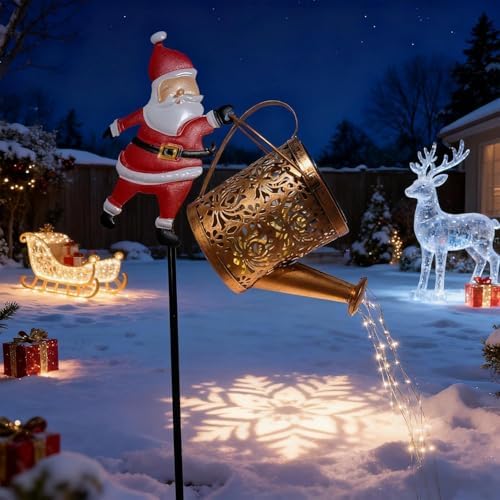 Christmas Santa Solar Kettle Lights Garden Lawn Decorative Lights,Hanging Waterproof Metal Solar Santa Claus Watering Can with LED Light,Outdoor Garden Decor for Backyard,Lawn,Patio (2*Colorful Light) - Image 2
