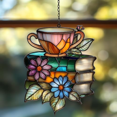 Floral Books and Tea Acrylic Suncatcher by AVAGAN