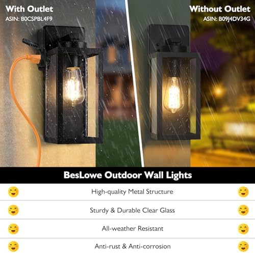 BesLowe Porch Lights with Outlet, Modern Outdoor Wall Light Fixtures, Black - Image 3
