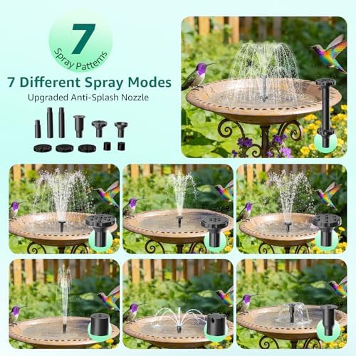 Solar Fountain Pump with Battery Backup, 8.5W Solar Water Pump Built-in 3200mAh Battery, Dual-Layer Nozzles 7+ Spray Modes & 5Ft PVC Tubing, Pond Fountain for Bird Bath Garden Water Feature - Image 6