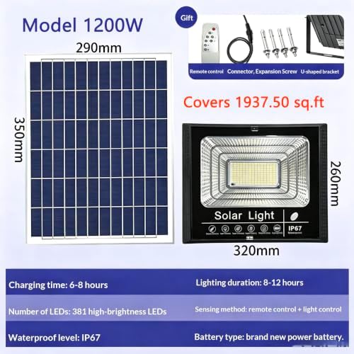 Solar Flood Light, IP67 Waterproof LED Security Light, Auto Dusk to Dawn, Wall Mount Outdoor Floodlight for Yard, Garden, Patio, Street (White, Model 1200W) - Image 2