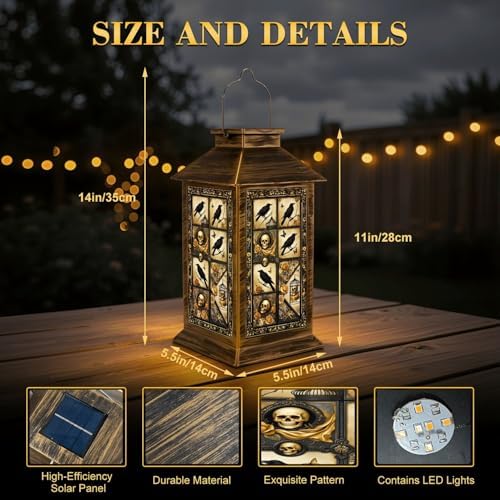 Solar Lantern Outdoor Garden Hanging Lantern Crow Skull Roses Butterflies Birdcage Golden Black Gothic Waterproof Solar Powered Lighting Outside Table Lamp for Patio Deck Yard Camping - Image 2