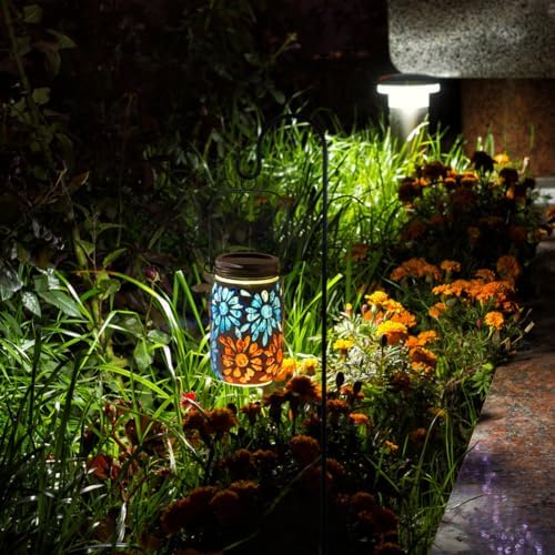 Starsoul 2 Pack Solar Lanterns Outdoor Waterproof, Mosaic Flowers Glass Solar Hanging Outdoor Lights, Decorative Solar Lantern for Outside Pathway Patio Porch Yard Decor - Image 6
