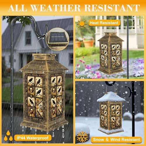 Solar Lantern Outdoor Garden Hanging Lantern Crow Skull Roses Butterflies Birdcage Golden Black Gothic Waterproof Solar Powered Lighting Outside Table Lamp for Patio Deck Yard Camping - Image 3