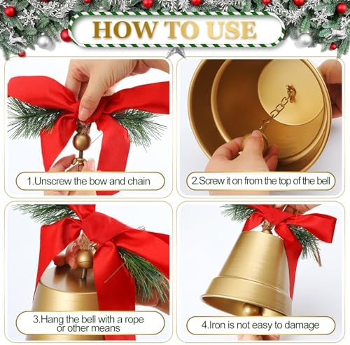 MorningRo 4 Pcs 8+6.5in Gold Giant Bells Extra Large Christmas Bells for Outside Decor for Xmas Tree Doors Firepalces Unique for Large Xmas Bell Ornaments Garland Indoor Outdoor - Image 3