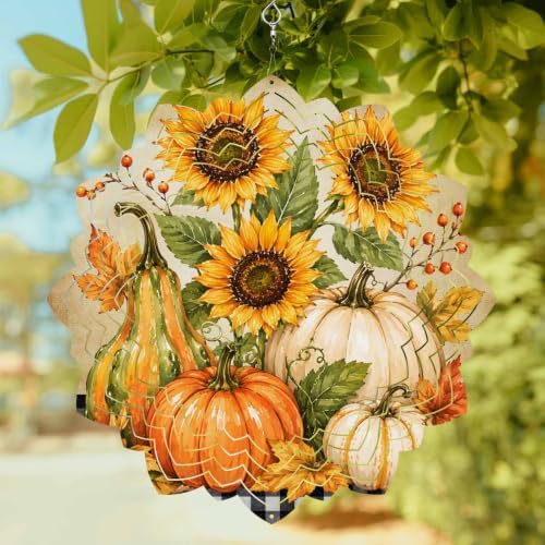 12 Inch Fall Thanksgiving Pumpkins Wind Spinner for Yard and Garden,Fall Maple Leaf Sunflowers Plaid Hanging Ornaments Outdoor 3D Kinetic Wind Sculpture Spinners Indoor Outdoor Patio Décor Gift - Image 2