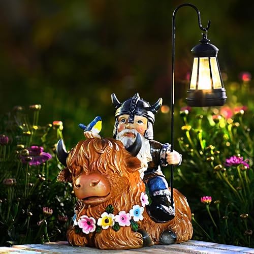 Garden Gnome Outdoor Statue Highland Cow Decor for Yard Patio Lawn Porch Birthday Gifts for Women Men, Mother’s Day, Housewarming with Solar Light Gnome Decor for Outside - Image 6