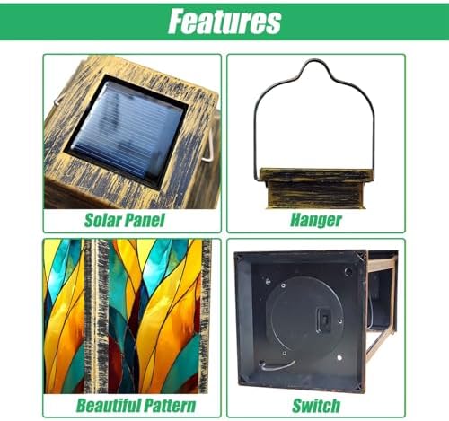 Solar Lantern Outdoor Waterproof Solar Powered Colorful Stained Glass Window Abstract Stained Glass Art Nouveau Hanging Lantern for Garden Patio Deck Yard Camping Tabletop Decor Lighting - Image 3
