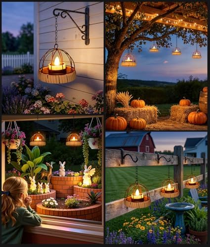KOOPER Hanging Solar Lanterns Outdoor Waterproof, 4 Pack Flickering Solar Powered Tea Lights, Rust Iron Ball Candle Holder Hanging Solar Lights for Backyard Garden Patio Yard Fence Tree Decoration - Image 4