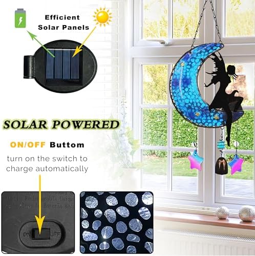 Memorial Wind Chimes Solar Hanging Glass Moon Lights Metal Fairy Angel Outdoor Wind Chimes for Mom Loved One Gifts - Image 3