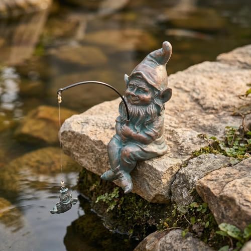 Garden Gnome Pond Statue Decoration, Fishing Copper Gnome Garden Statue Outdoor Koi Pond or Waterfall Decor, 9.7" Gnome Fishing Poolside Statue with Glow in Dark Pebbles Included, Great Gifts for Mom - Image 3