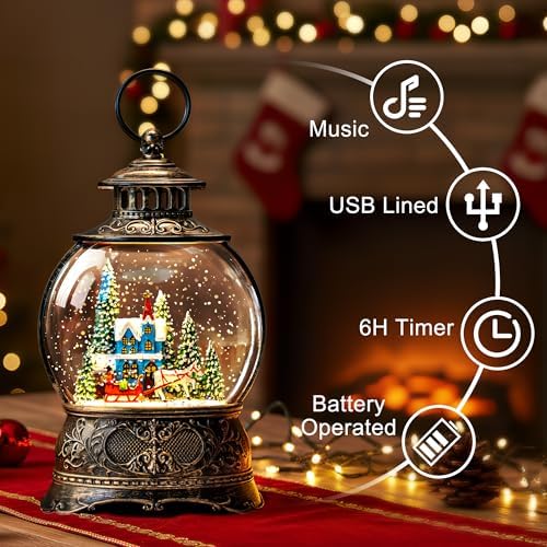 Christmas Village Snow Globe Water Lantern with Horse and Town Scene Battery Operated or USB Powered Musical Lighted Holiday Decoration for Tabletop Display for Family and Friends - Image 2