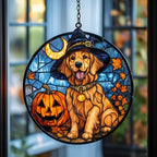 Golden Dog Halloween Pumpkin Acrylic Suncatcher by AVAGAN