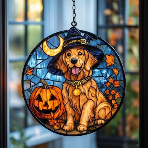 Golden Dog Halloween Pumpkin Acrylic Suncatcher by AVAGAN