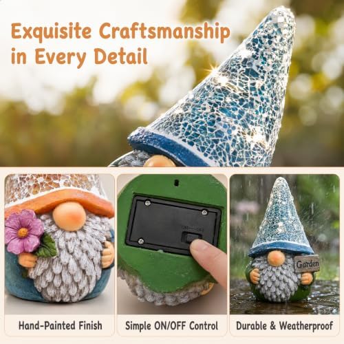 Solar Garden Gnome Statue with Crystal Mosaic LED Hat, Outdoor Decor - Image 5