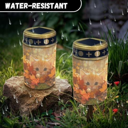 Poceacles Flameless Candle Solar Powered Grave Outdoor Lights Cemetery Candle Flameless Fake LED Pillar Lights Outdoor Waterproof Lawn Decoration, Cute Cat Autumn Forest Leaf, Set of 4 - Image 6
