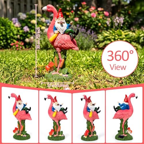 Candieslife Middle Finger Gnome Riding Flamingo 13in, Funny Garden Statue Solar Powered Outdoor Yard Decor with LED Beer Bottle & Mushrooms, Waterproof Naughty Lawn Ornament Gag Gift for Patio, Porch - Image 4