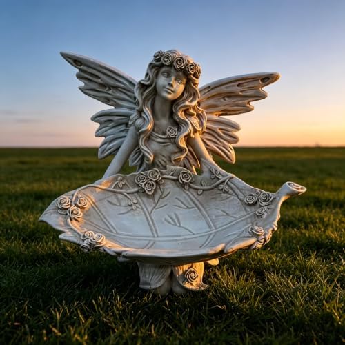 12.8" Fairy Garden Statue, Resin Angel Figurine with Leaf Tray, Bird Feeder & Decorative Dish for Patio, Yard, Garden & Home Decor - Image 5