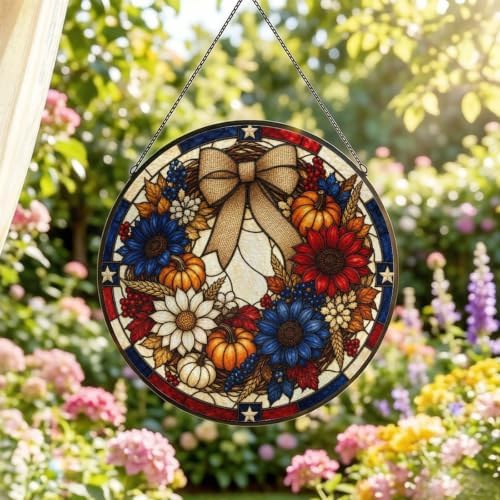 Fall Patriotic Wreath Stained Glass Suncatcher 11.8" Colorful Window Hanging Ornament, Sun Catcher Decor for Bathroom Front Door Living Room Home Wall Garden - Image 2