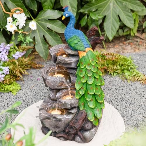 Glitzhome Outdoor Water Fountain with Lights, 4-Tierd Peacock W/Stacked Stone Outdoor Fountain, 20.5" H Polyresin Decorative Waterfall Feature Garden Fountain with Pump for Garden, Patio, Porch - Image 2