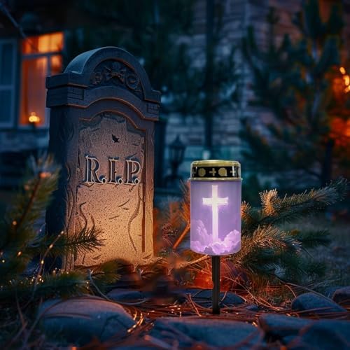 Poceacles Cross Solar Pathway Lights Pack of 4 Outdoor Grave Solar Lights Outside Waterproof Cemetery Flameless Candles Outdoor Solar Candle Grave Markers Eternal Decor, Cross Galaxy Cloud Violet - Image 2