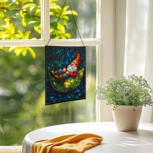 Floating Leaf Gnome Stained Glass Suncatcher – Square Hanging Window Panel for Home or Greenhouse – Whimsical Glass Art Gift for Garden Lovers, Christmas, Halloween, Father Days 1YKS2t - Image 3