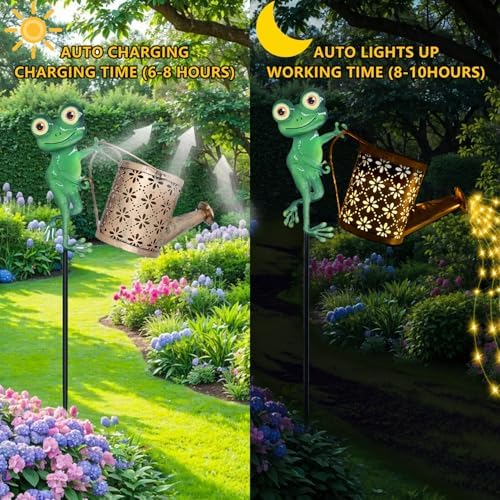 Solar Watering Can with Cascading Lights Outdoor Garden Decor, Frog Shaped Hook Gardening Gifts for Mom Women Grandma Birthday, Solar Lights for Garden Decorations Patio Yard Lawn Backyard - Image 3