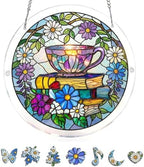 Book and Tea Puzzle Acrylic Suncatcher Size 14 inches, Garden Floral Sun Catchers, Window Hanging Ornaments, Stained Glass Effect Decor for Bookworm, Gift for Book Lovers by GIKZO
