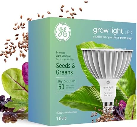 GE Grow LED Light Bulb, PAR38 Flood Light, Indoor LED Grow Lights for Plants, Seeds and Greens, Balanced Light Spectrum, 25,000 Hours Lifespan, 50 PPF, 1 Pack (Packaging May Vary) by GELighting