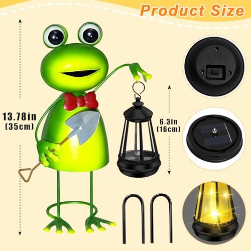 Solar Garden Lights 13.78in Tall Metal Frog Statue with Solar Lantern Decor - Image 6