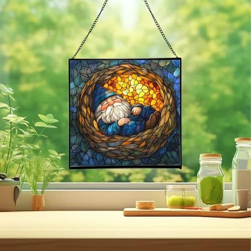 Dreamy Nest Gnome Stained Glass Suncatcher – Square Hanging Window Panel for Home or Greenhouse – Whimsical Glass Art Gift for Garden Lovers, Christmas, Halloween, Father Days ng8OPb - Image 2