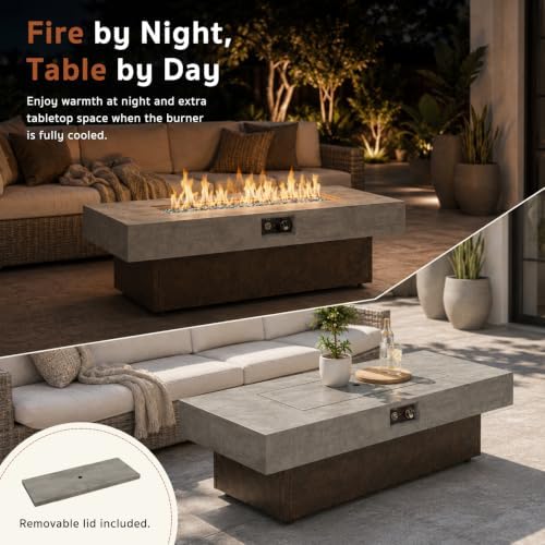 Gaspro 56 Inch Tabletop Propane Fire Pits, 50000 BTU Outdoor Firepit Table with Three Height Adjustable Levels, Stainless Steel Bowl & Burner, Cement-Imitation Texture for Patio Backyard Garden - Image 5