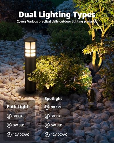 SUNVIE 12-Pack Low Voltage Landscape Lighting Kit LED Bollard Pathway Lights Wired with Spotlights for Garden, Path, Yard, Patio, Cast-Aluminum, IP65 Waterproof, 12-24V AC/DC, 3000K Warm White, Black - Image 2