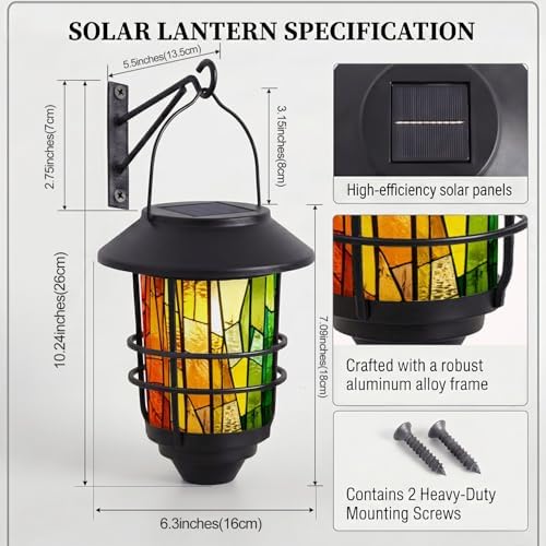 Solar Lanterns Outdoor Hanging Lights Colorful Stained Glass Window Glass Wall Lantern 2 Pack, Waterproof Decorative Solar Sconce with Wall Mount Kit for Garden Porch Fence Chicken Coop Summer Decor - Image 6