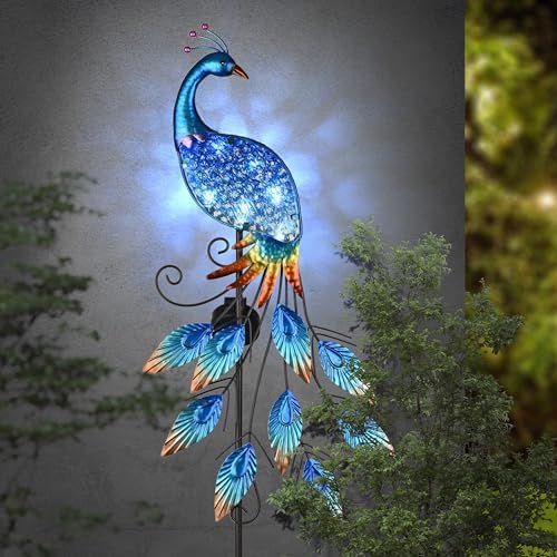 TERESA'S Collections Garden Decor Blue Peacock with Solar Outdoor Lights, 40" Glass Yard Art for Outside, Decorative Metal Stake Outdoor Decor for Lawn Decorations, Patio, Gifts for Mom - Image 3